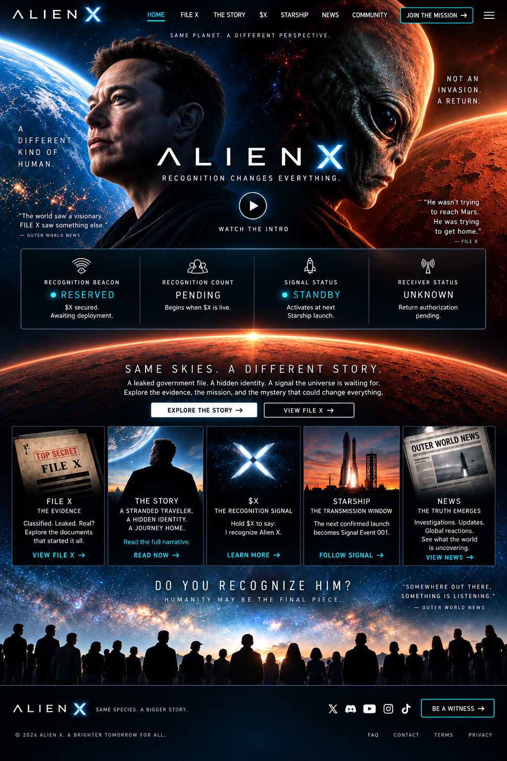 Alien X cinematic homepage with Earth, Mars, the Recognition Beacon, Signal Status, Starship, and the Witnesses.